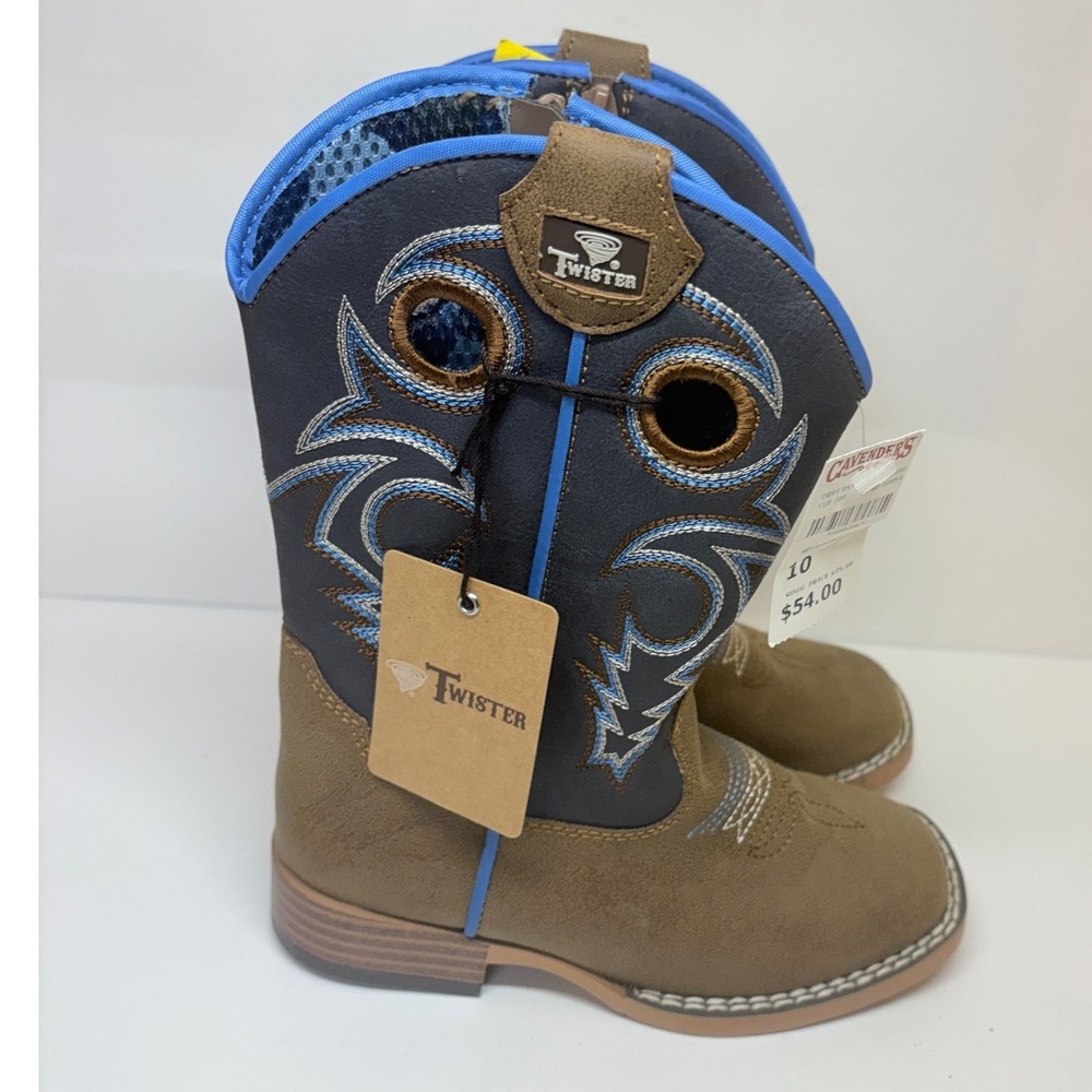 Twister Boys Size 10 Cowboy Boots Brown Blue Embroidered Square Toe Side Zip New